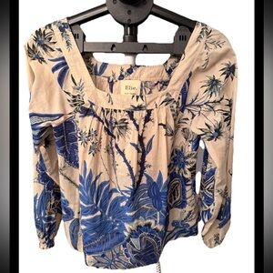 Elie Tahari Blue Cream Tropical Floral Print Peasant Blouse Elastic Neck Size M
